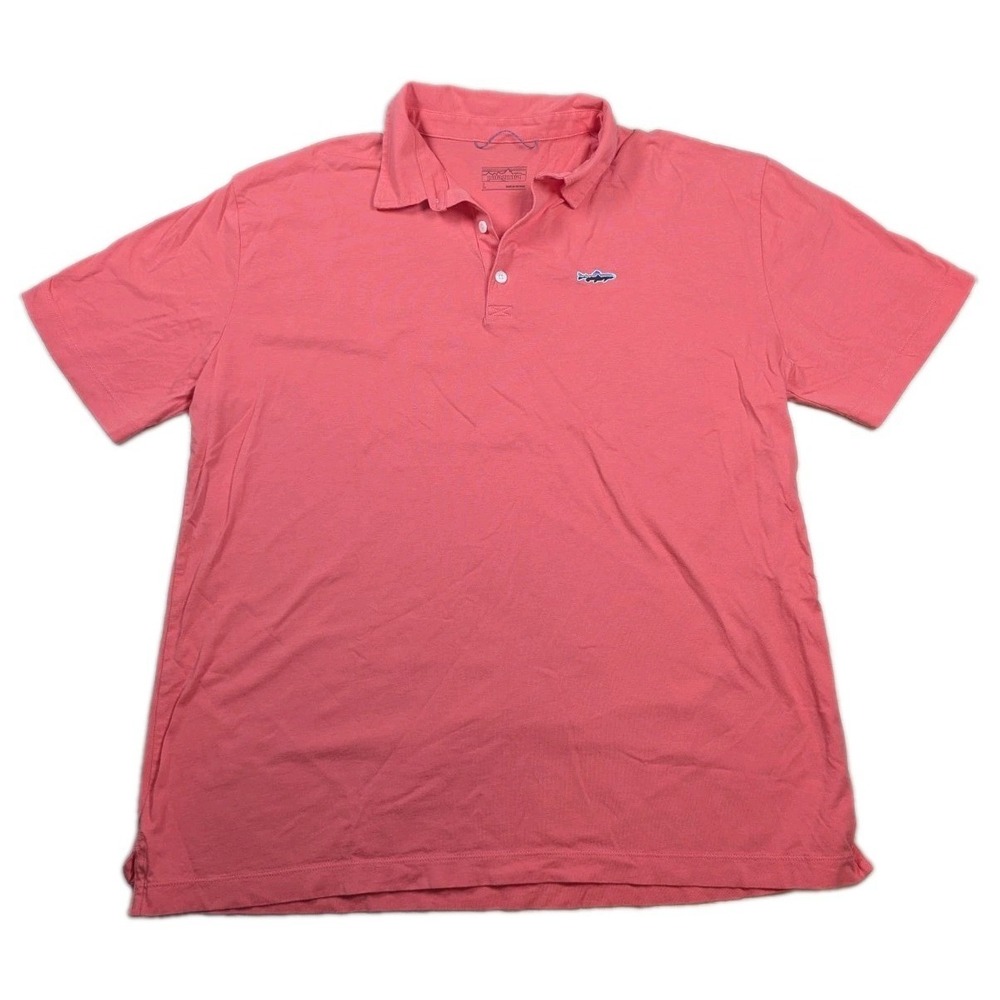 Patagonia Organic Cotton Coral Pink Polo Shirt Mens Large Trout Logo Pullover
